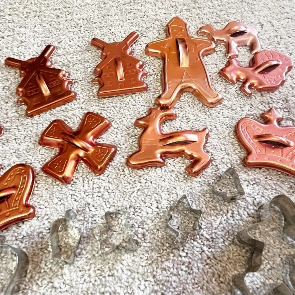 Mixed Copper Silver Metal Christmas Cookie Cutters Leaves Angel Retro Lot of 19